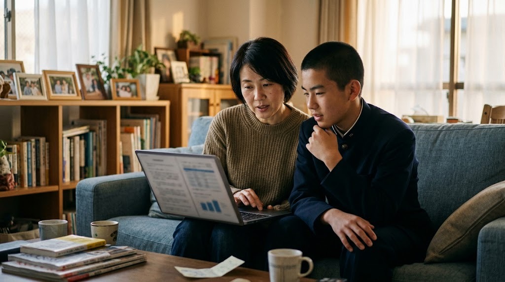 ソファに並んで座り、ノートパソコンで学校の情報を比べる保護者と高校生