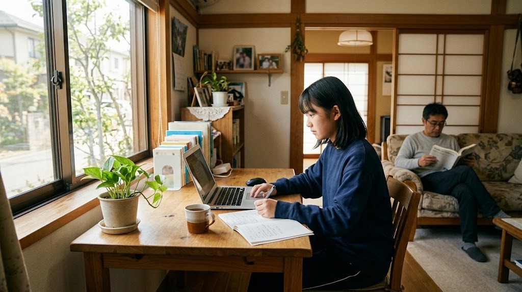 窓辺の机でノートパソコンを開いてオンライン授業を受ける高校生と、奥のソファで本を読む保護者