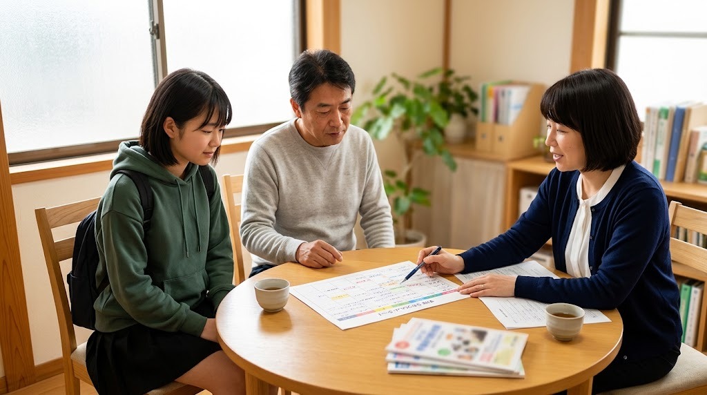 明るい相談室の丸テーブルで、職員から年間の予定表の説明を受ける保護者と高校生