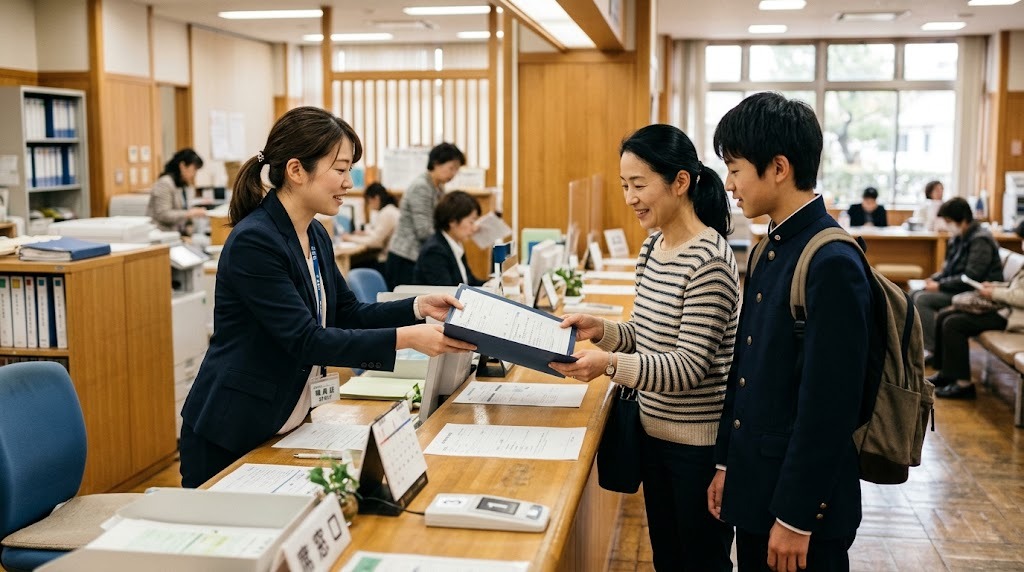市役所の相談窓口で、職員から書類のファイルを受け取る保護者と高校生