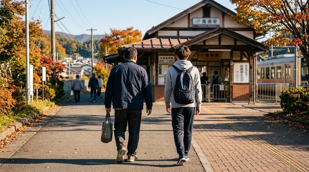 紅葉の季節の朝、駅の入口に向かって並んで歩く保護者と高校生の後ろ姿