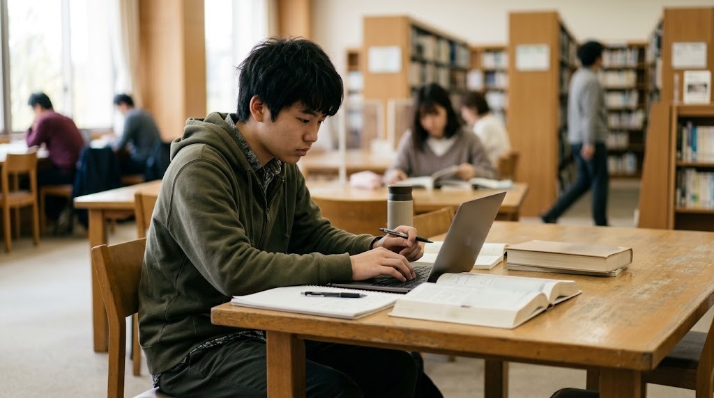 図書館の机でノートパソコンと教科書を広げて自習する高校生
