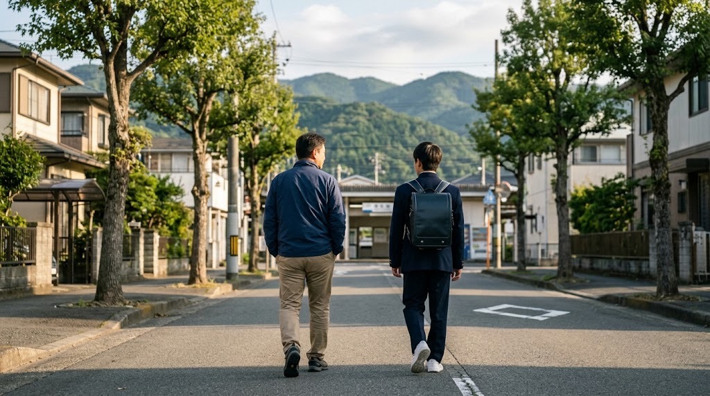 遠くに緑の山が見える駅近くの並木道を、並んで歩く父親と高校生の後ろ姿