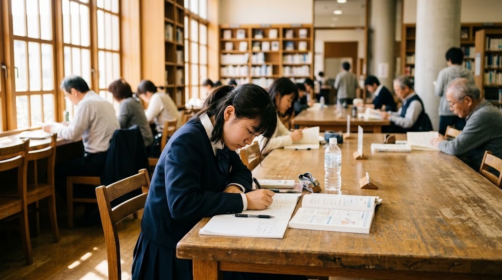明るい図書館の長机でノートと教科書を広げて自習する高校生