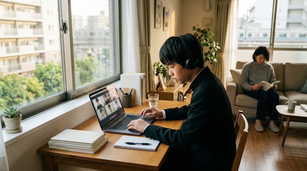 マンションの窓辺の机でヘッドホンをつけてオンライン授業を受ける高校生と、奥のソファで本を読む母親