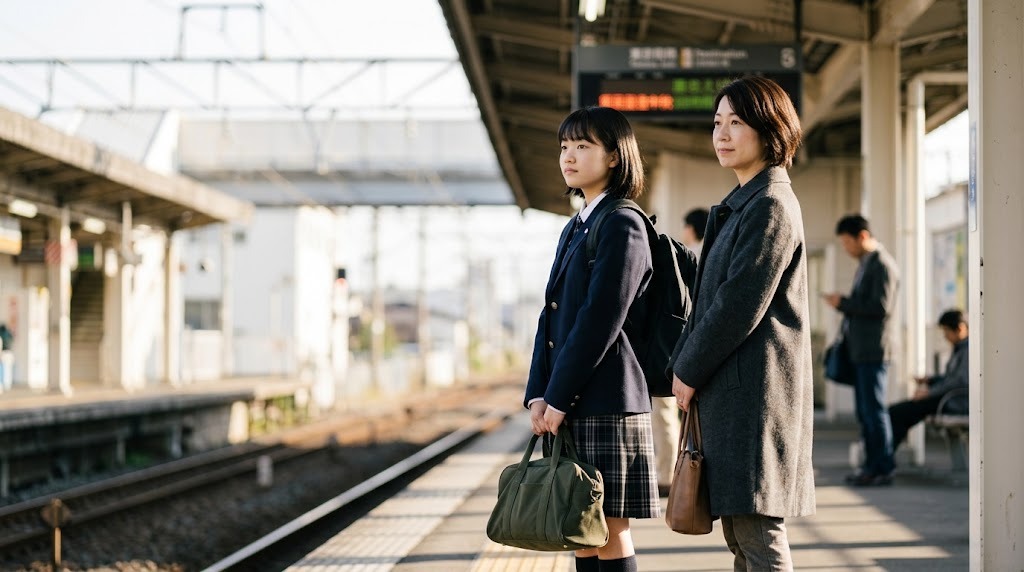 駅のホームで、リュックと小さな旅行かばんを持って電車を待つ高校生と保護者
