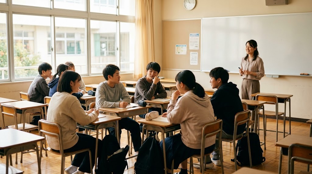 大きな窓のある明るい教室で、先生の話を聞きながら対面の授業を受ける私服の高校生たち