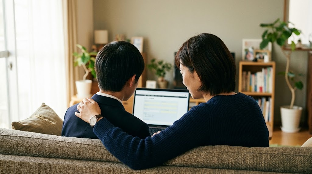 リビングのソファに並んで座り、ノートパソコンで申込画面を一緒に見る保護者と高校生の後ろ姿