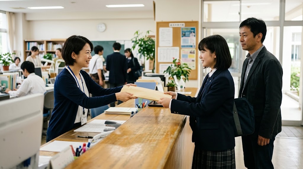 学校の事務室の窓口で、職員から書類の封筒を受け取る高校生と付き添いの父親