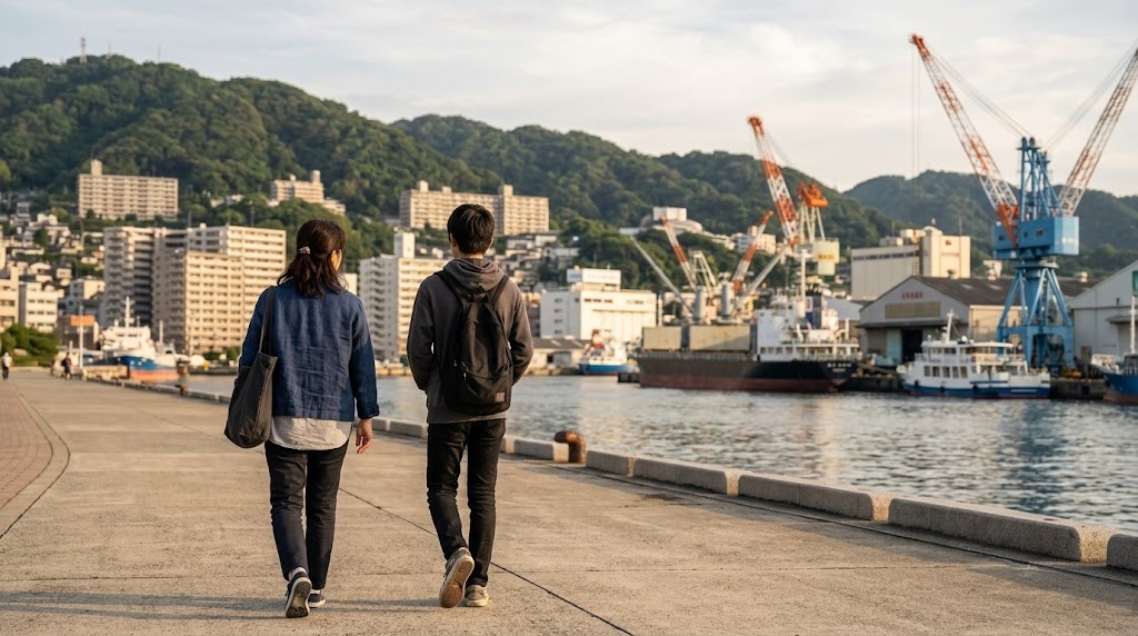 港とクレーン、緑の山並みが見える海沿いの遊歩道を並んで歩く母親と高校生の後ろ姿