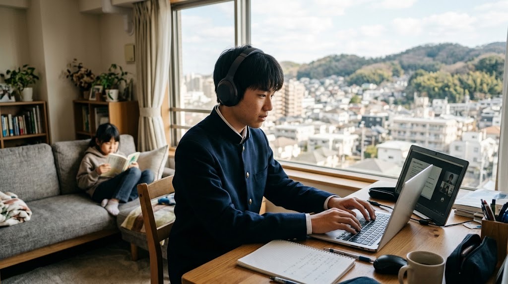 街と山が見える窓辺の机で、ヘッドホンをつけてノートパソコンのオンライン授業を受ける高校生と、奥のソファで本を読む家族