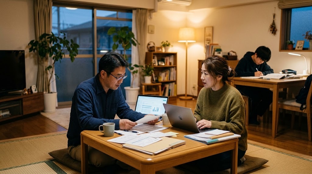 夜のリビングで書類とノートパソコンを並べて家計を確かめる両親と、奥の机で勉強する高校生