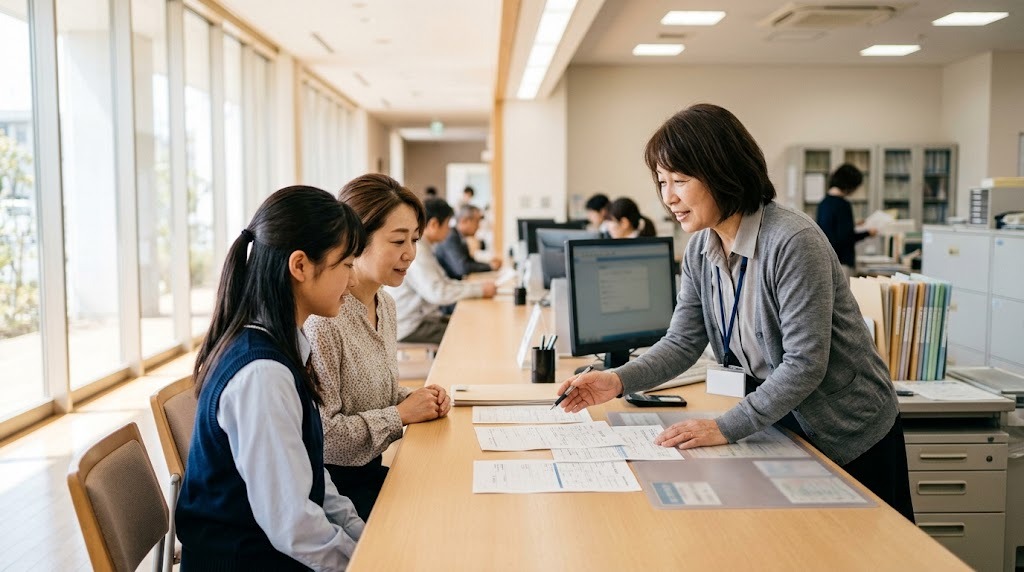 明るい役所の相談窓口で、職員から書類の説明を受ける母親と高校生