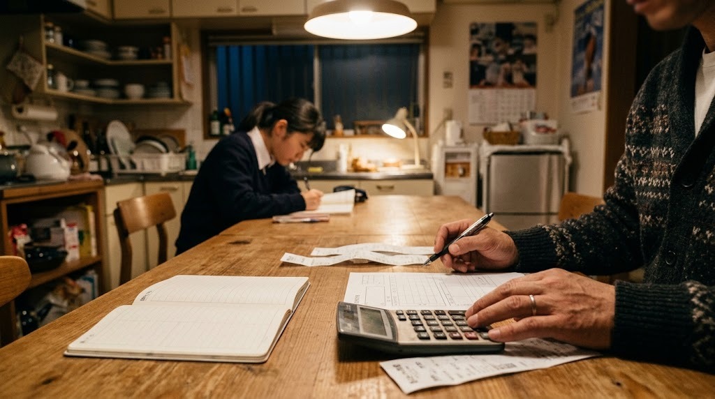 夜のキッチンテーブルで、家計のノートと電卓と申請書類を並べている保護者の手元と、奥で勉強する高校生