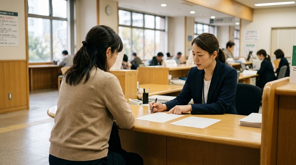 市役所の明るい窓口カウンターで、職員から申請書の書き方の説明を受けている保護者の後ろ姿