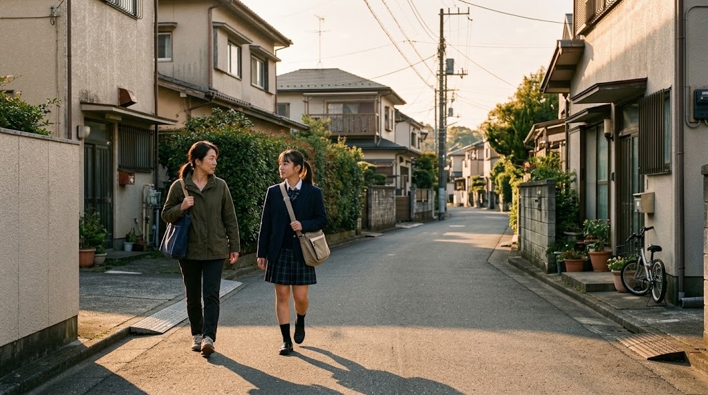 夕方の住宅街の道を、保護者と高校生が並んで歩いている様子