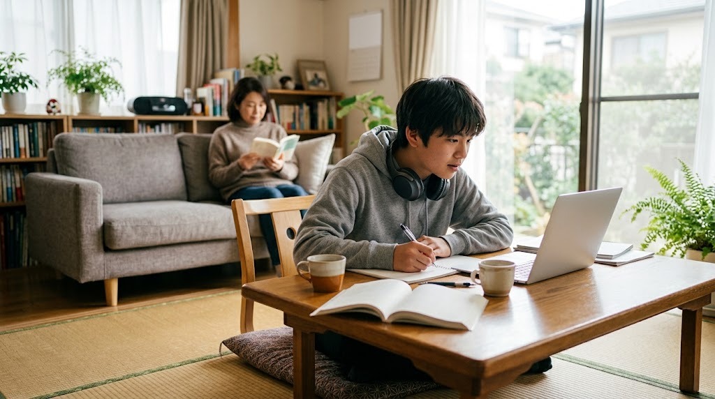 明るい居間の座卓でノートパソコンを開いてオンラインの授業を受ける高校生と、後ろのソファで本を読む母親
