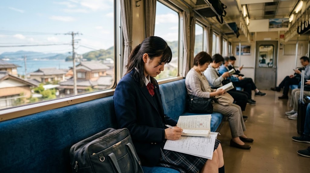 日曜の朝、電車の窓際の席で教科書とプリントを開いてスクーリングに向かう高校生
