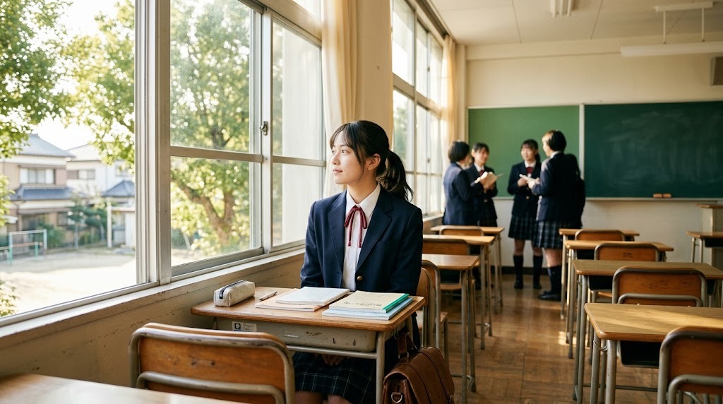 明るい教室の窓際の席で外を眺める高校生