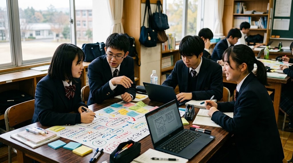 高校生4人が机を囲み、模造紙と付箋を使って一緒に企画を進めている