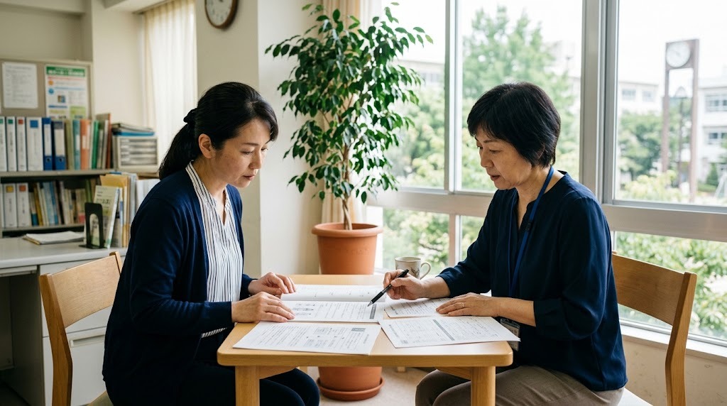明るい相談室で、保護者と学校の担当者が資料を挟んで向かい合い、書類を一緒に見ている様子
