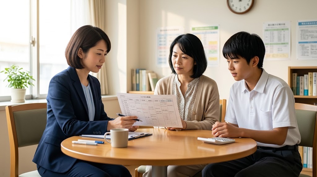 明るい相談室の丸テーブルで、職員から予定表の説明を受ける保護者と高校生