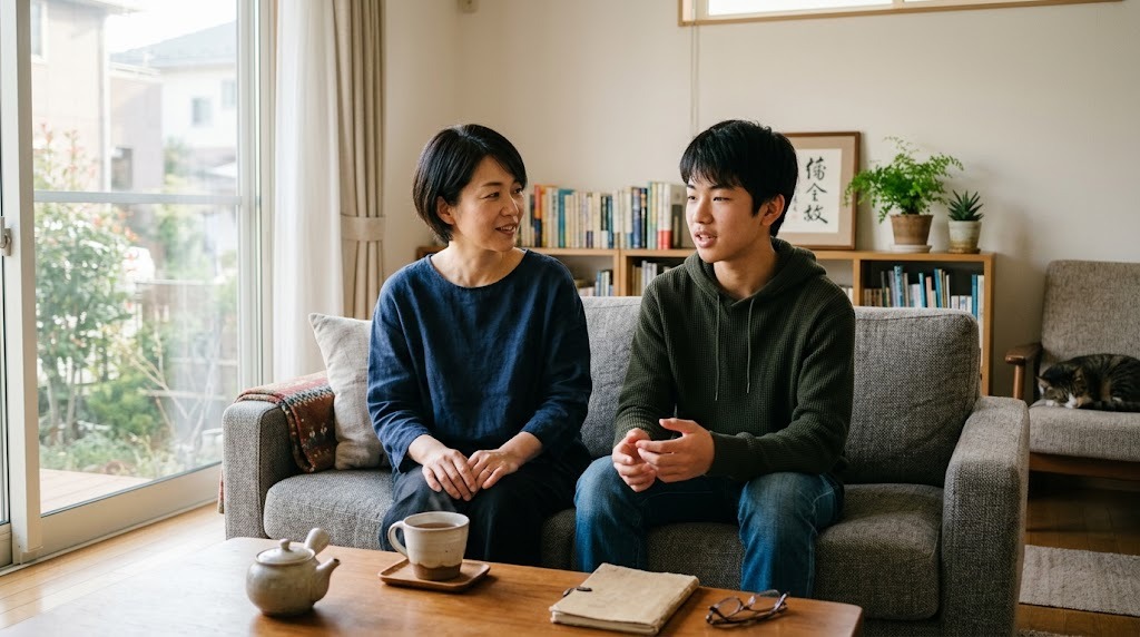 明るいリビングのソファに保護者と高校生年代の子どもが並んで座り、穏やかに話している様子