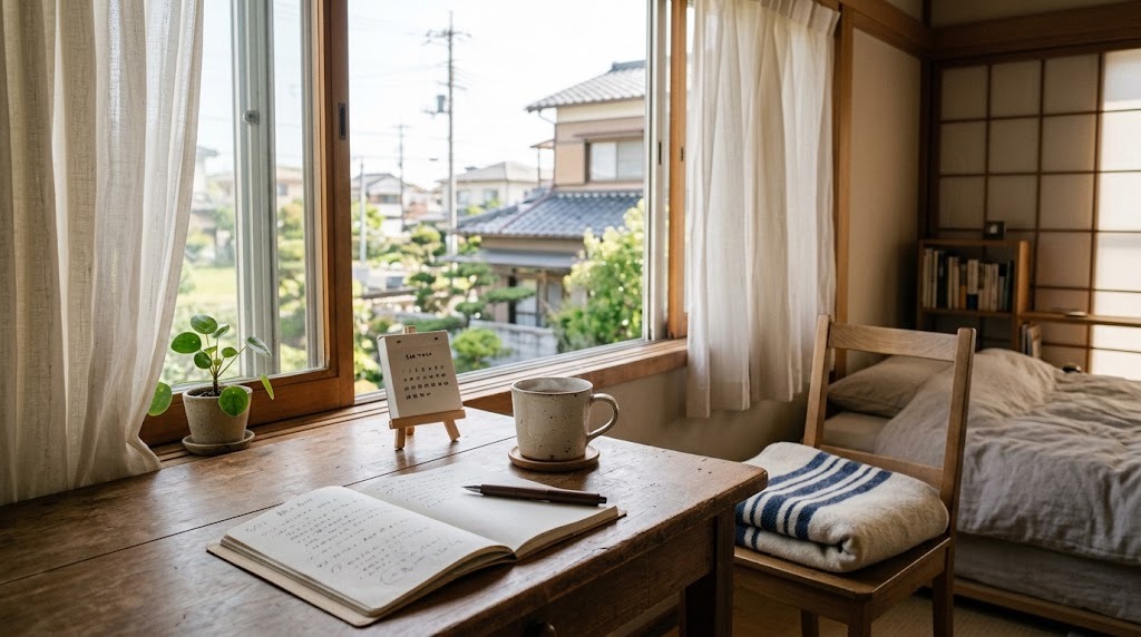 朝の光が入る部屋の机に、開いたノートとペン、マグカップ、紙のカレンダーが置かれている様子
