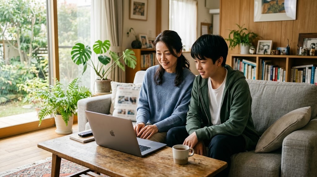 明るい居間のソファで、保護者と高校生が並んで座り、ノートパソコンの画面を一緒に見ている様子