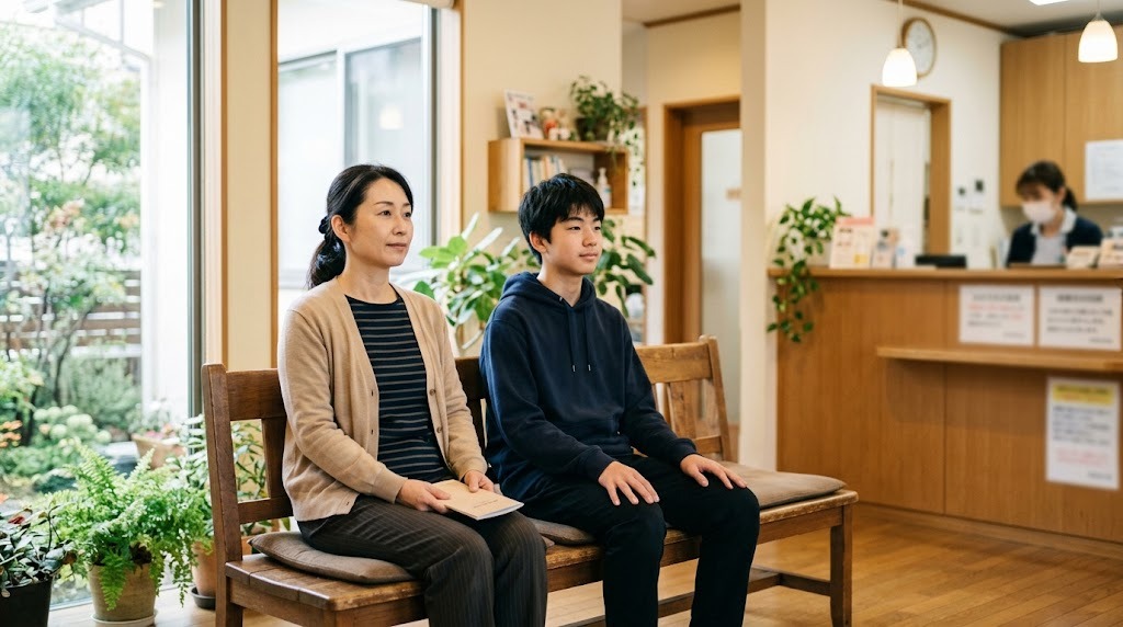 明るいクリニックの待合で、保護者と高校生年代の子どもが並んでベンチに座っている様子