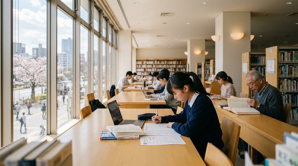 明るい公共図書館の学習席で、さまざまな年代の人と並んでプリントとノートパソコンで勉強する高校生