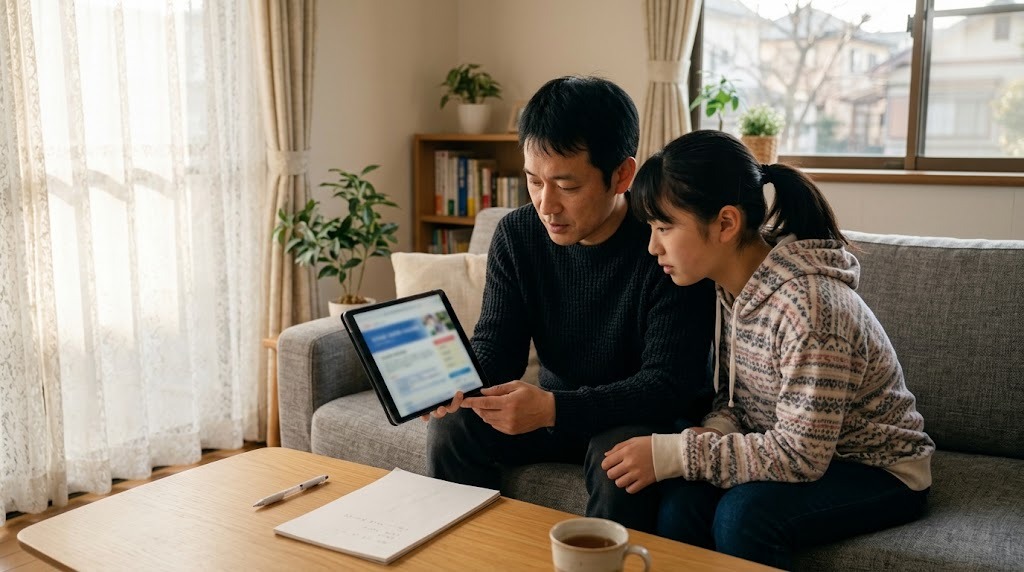 居間のソファで父親と高校生が並んで座り、タブレットで学校の情報を一緒に見ている様子