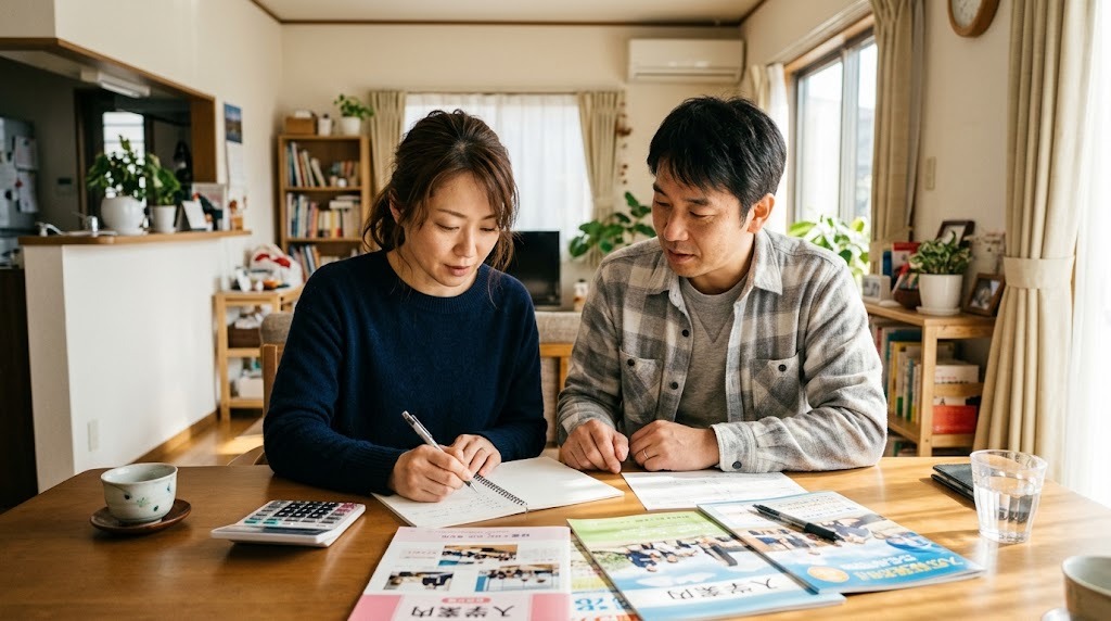 ダイニングテーブルに電卓と学校案内を広げ、保護者2人が並んで学費を書き出して検討している様子