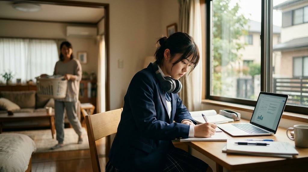 窓辺の机でノートパソコンを開いて自宅学習する高校生と、奥で家事をする家族
