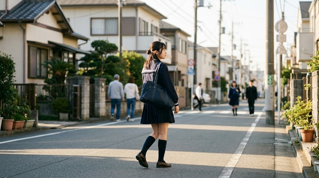 朝の住宅街を通学かばんを持って歩く高校生。スクーリングのために登校する日のイメージ