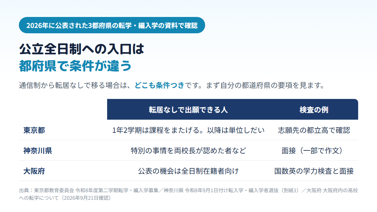 通信制高校から公立の全日制高校へ転居なしで移る場合、東京都は第1学年の第二学期募集なら課程をまたいで出願でき以降は単位の見通しが条件、神奈川県は特別の事情を両校長が認めた者などが対象で面接中心、大阪府は公表されている転学機会が全日制在籍者向けで国数英の学力検査と面接であることを比べた表