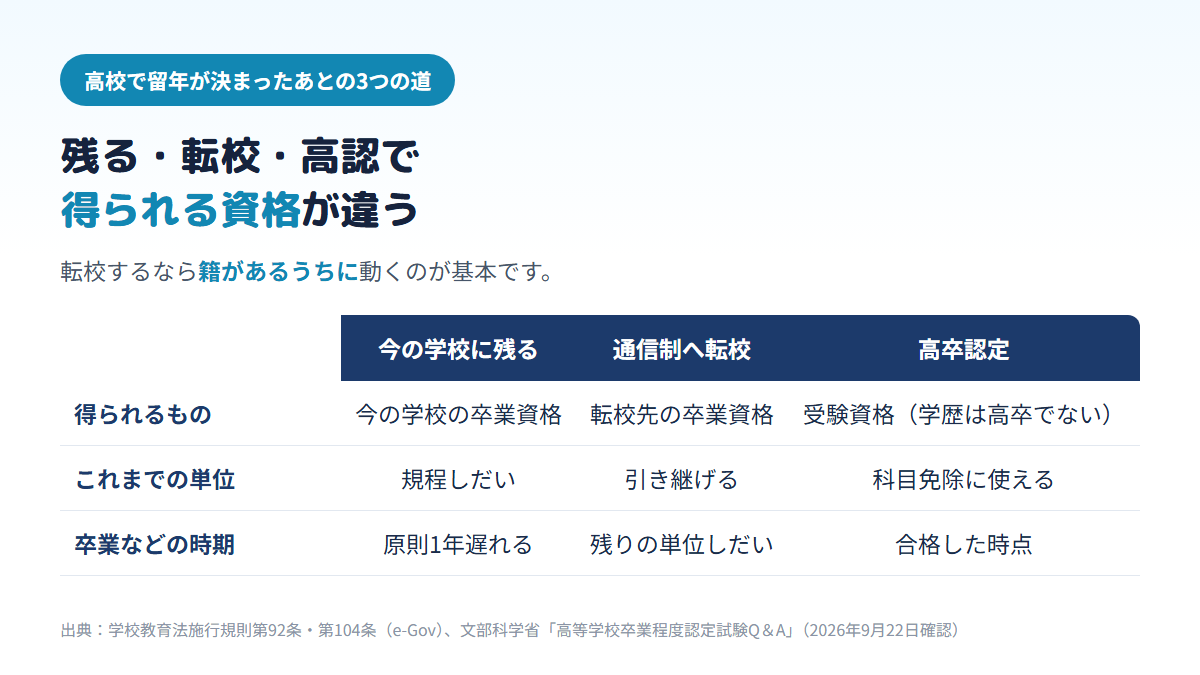 高校で留年が決まったあと、今の学校に残ると今の学校の卒業資格が得られ単位の扱いは規程しだいで卒業が原則1年遅れ、通信制へ転校すると単位を引き継いで転校先の卒業資格をめざせ、高卒認定では受験資格は得られるが学歴は高校卒業にならないことを比べた表