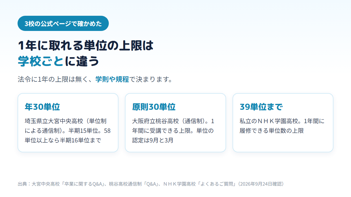 通信制高校で1年に取れる単位の上限は法令で一律ではなく、埼玉県立大宮中央高校は年30単位(半期15単位)、大阪府立桃谷高校は原則30単位、私立のNHK学園高校は39単位と、学校ごとに違うことを示す図