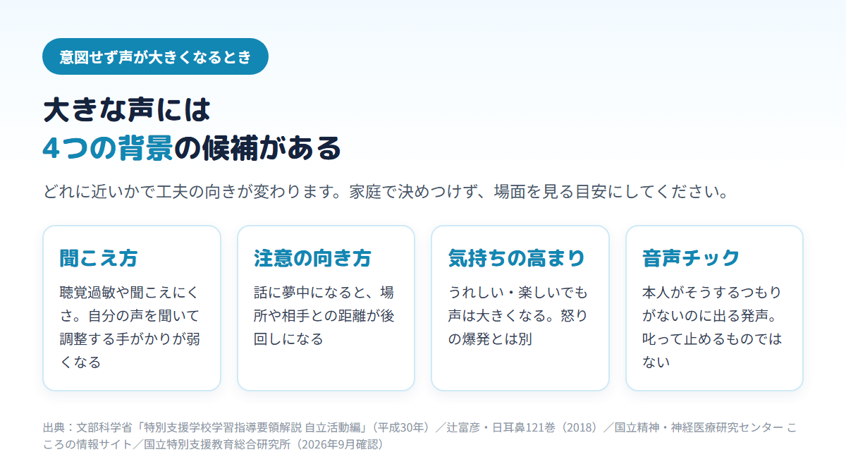 発達特性のある高校生の声が意図せず大きくなる背景の候補として、聞こえ方（聴覚過敏や聞こえにくさ）、注意の向き方、気持ちの高まり、音声チックの4つを並べ、それぞれで工夫の向きが違うことを示す図