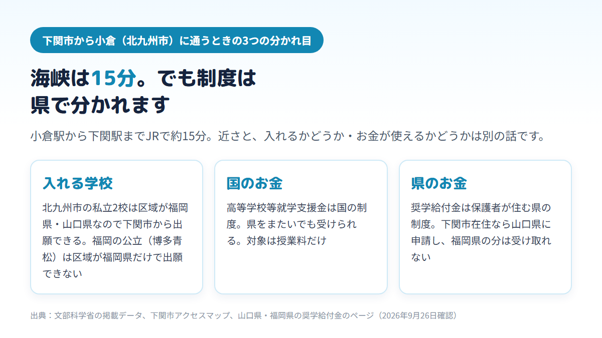 下関市から北九州市の通信制高校に通う場合の3つの分かれ目を示すカード図。入れる学校は私立2校が可で福岡の公立は不可、国の就学支援金は県をまたいでも受けられる、県の奨学給付金は保護者が住む山口県に申請する