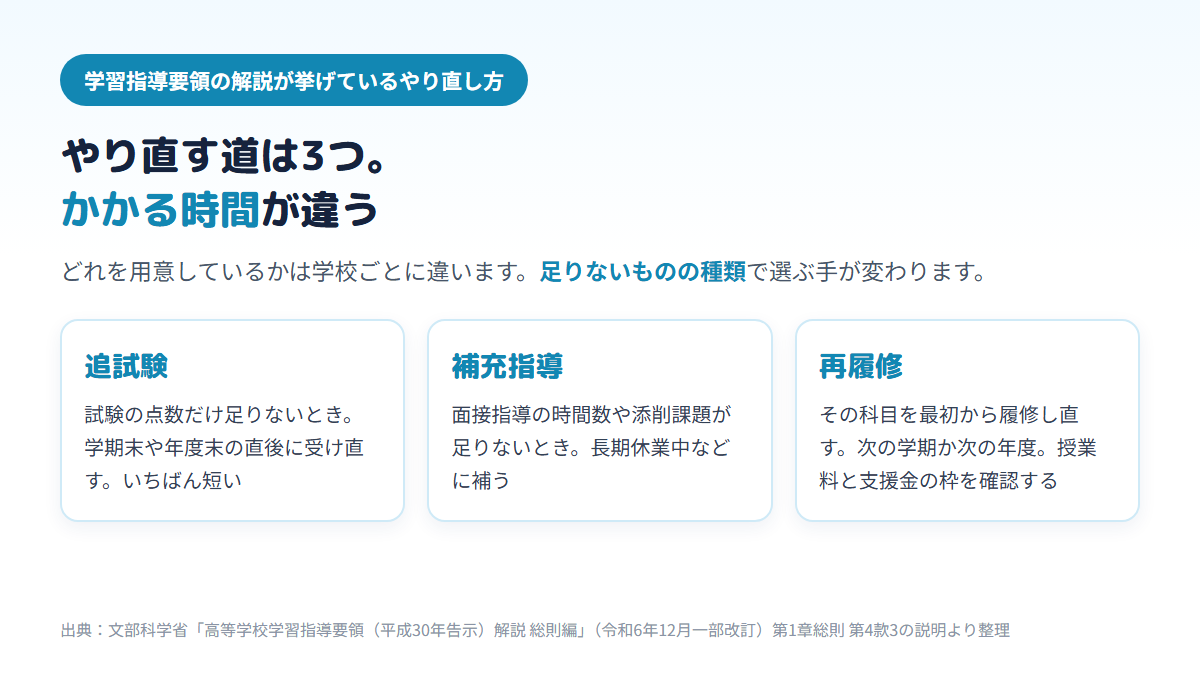 通信制高校で単位を落としたときのやり直し方を、追試験・補充指導・再履修の3つに分け、それぞれ何をするか・いつごろか・確かめることを並べた図