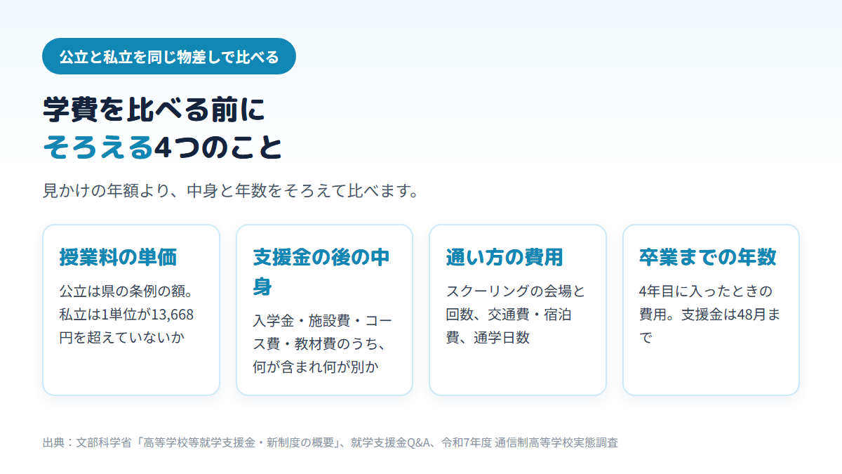 通信制高校の学費を公立と私立で比べる前にそろえる4つのこととして、授業料の単価、支援金の後に含まれる費用、スクーリングなど通い方の費用、卒業までの年数を並べた図