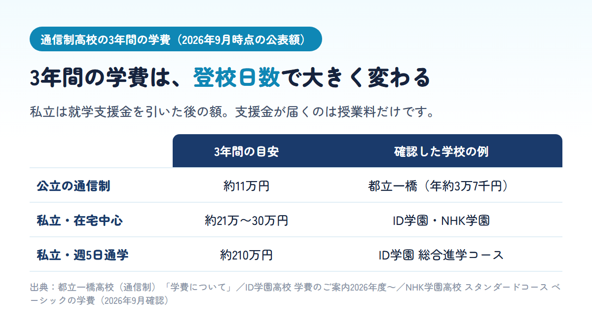 通信制高校の3年間の学費の目安を比べた表。公立の都立一橋高校は年約3万7千円で3年約11万円、私立の在宅中心コースはID学園とNHK学園で就学支援金適用後に約21万〜30万円、ID学園の週5日の総合進学コースは約210万円