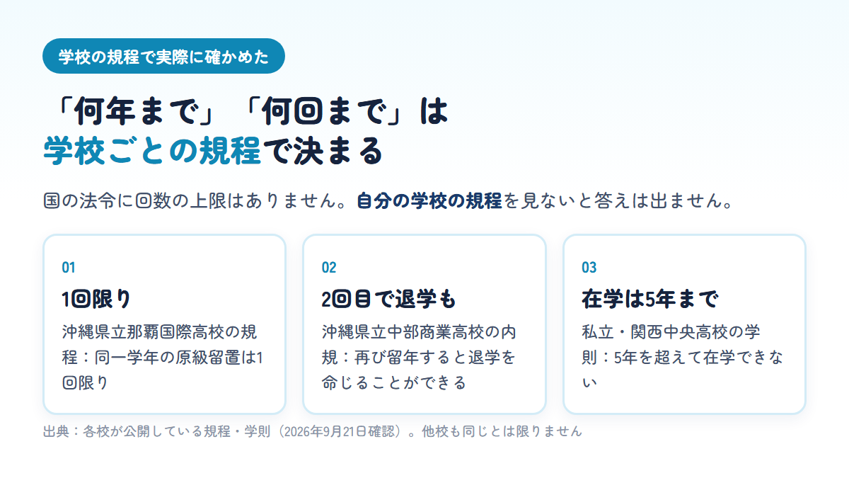 同一学年の留年を1回限りとする高校、2回目の留年で退学を命じられる高校、在学を5年までとする高校の3つの実例を並べた図