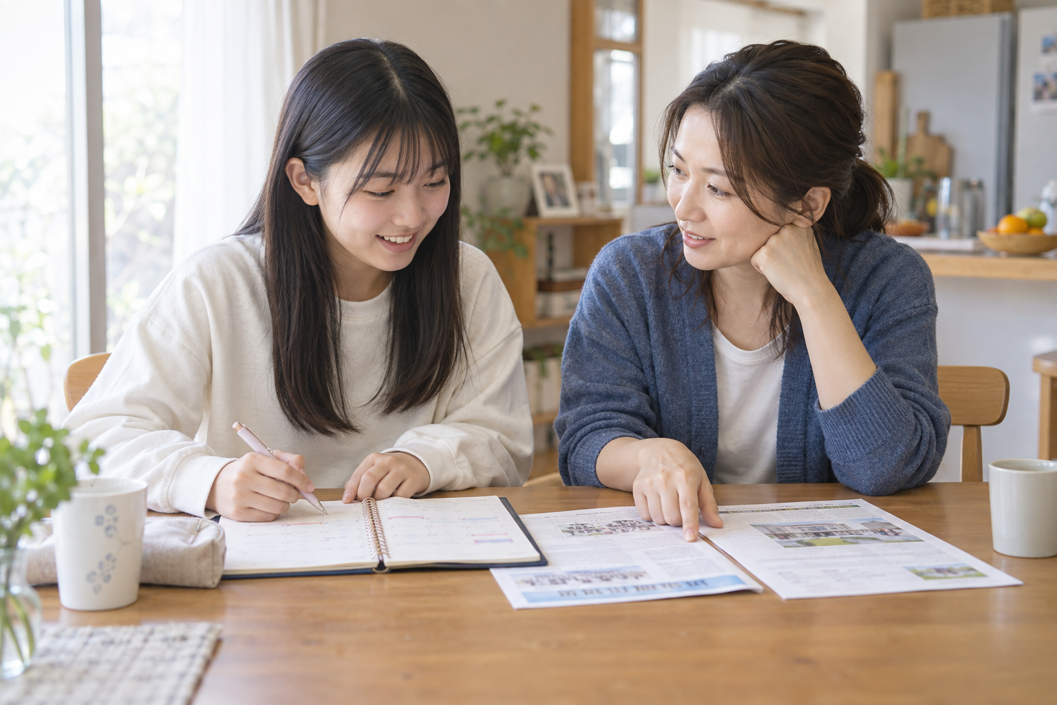 週間予定表と学校資料を横並びで確認する高校生と保護者