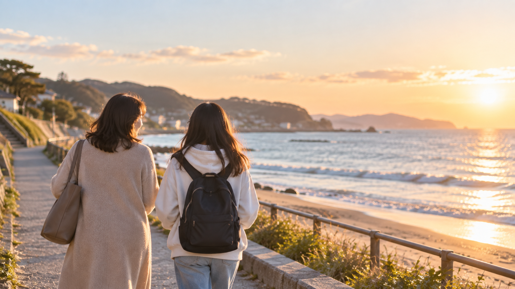 秋の海辺を親子で並んで歩く後ろ姿