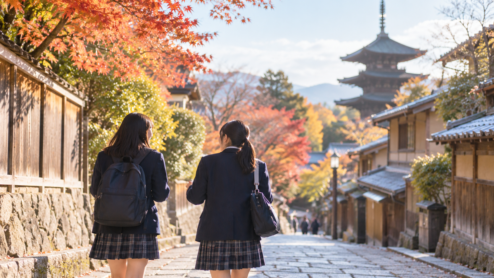 紅葉の古都を並んで歩く制服姿の高校生の後ろ姿
