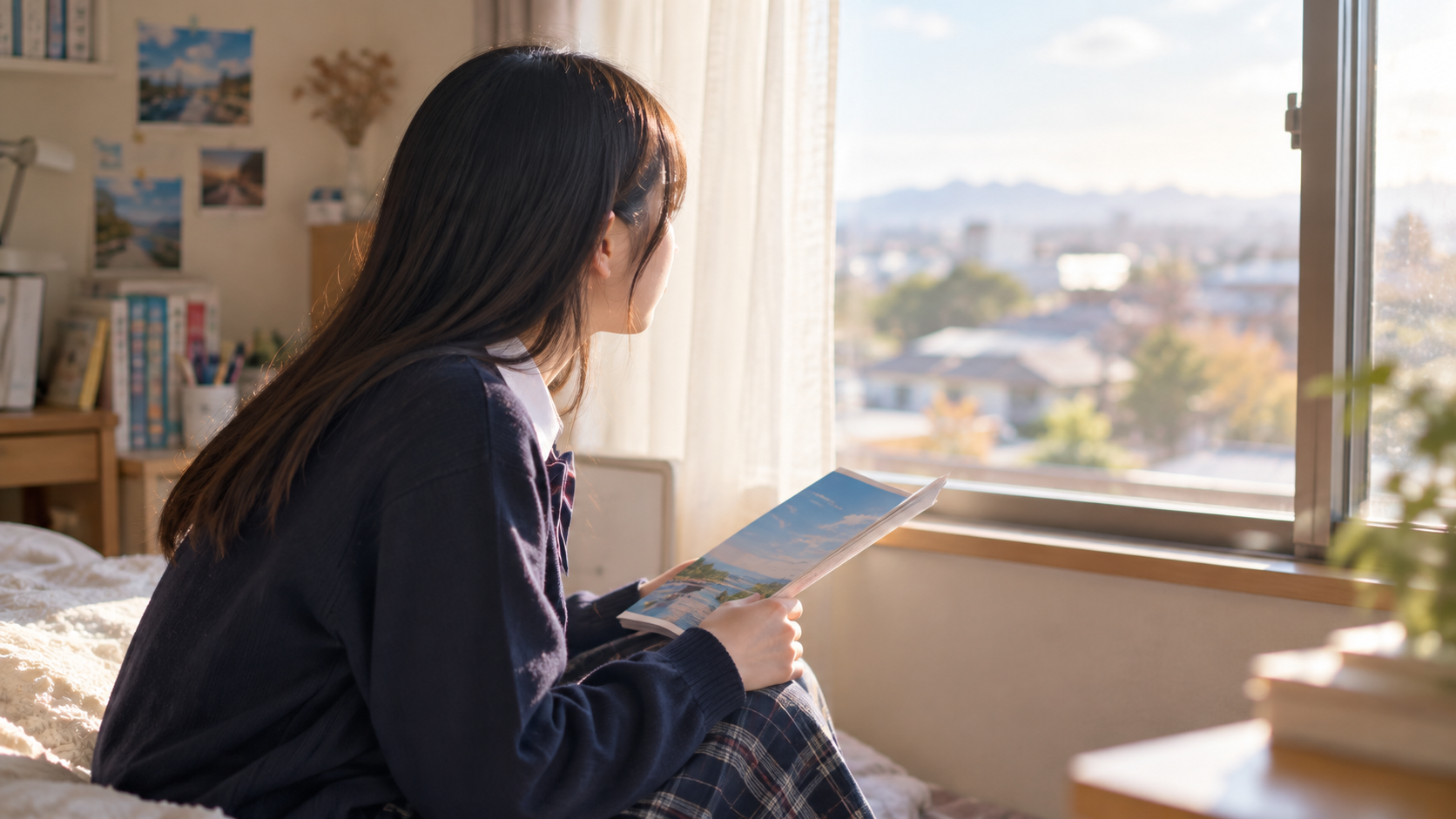 修学旅行のしおりを手に、行くかどうか迷っている高校生