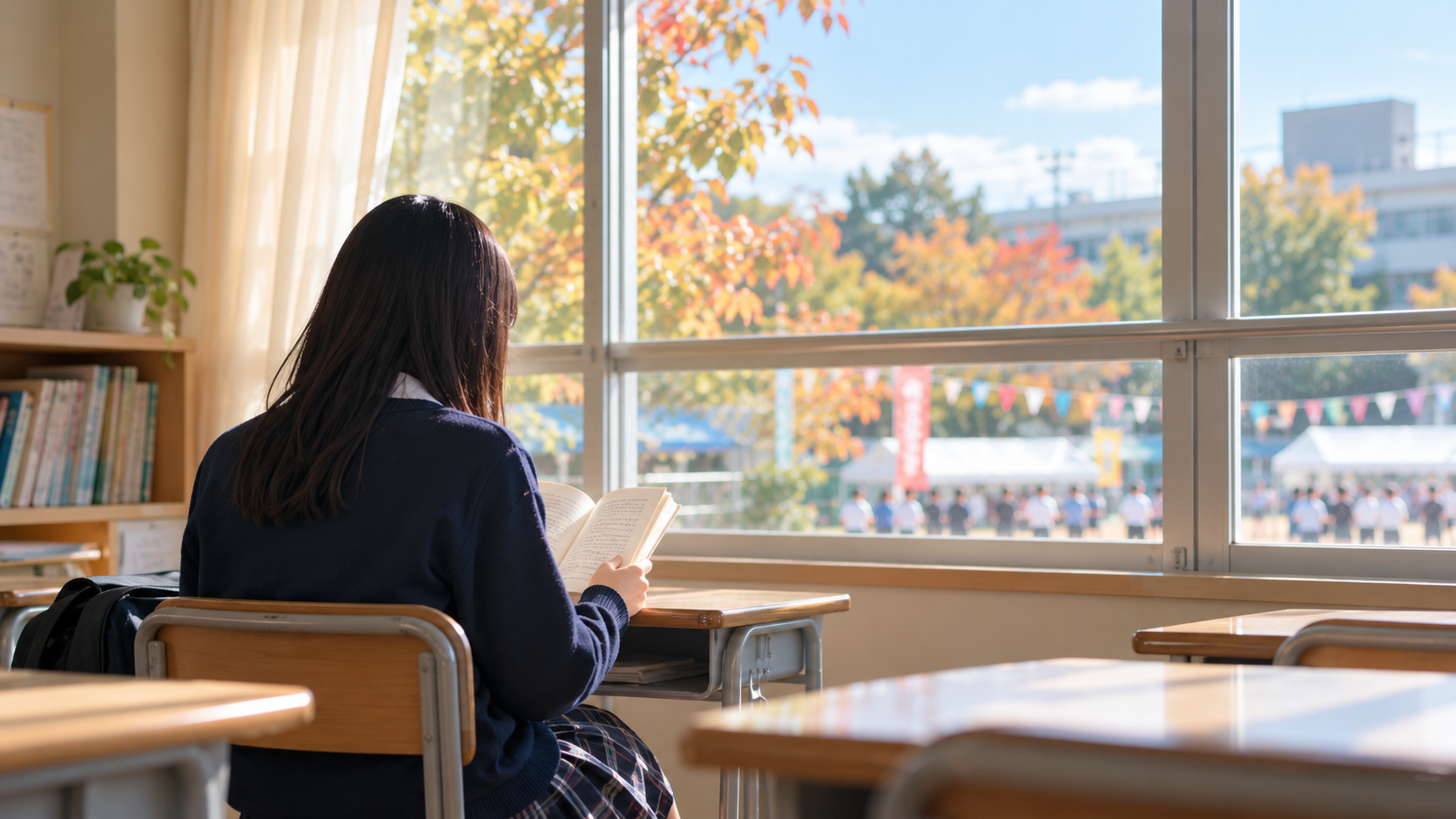 窓際の静かな教室で、生徒が後ろ姿で本を読んでいる様子