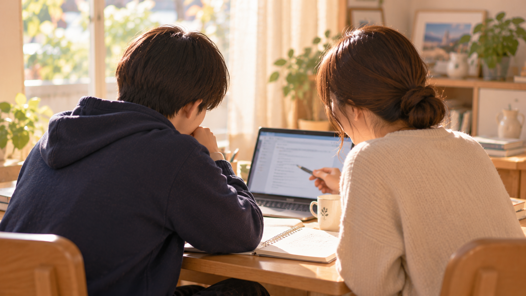 保護者と高校生くらいの子が並んでノートパソコンの画面を一緒に見ている様子